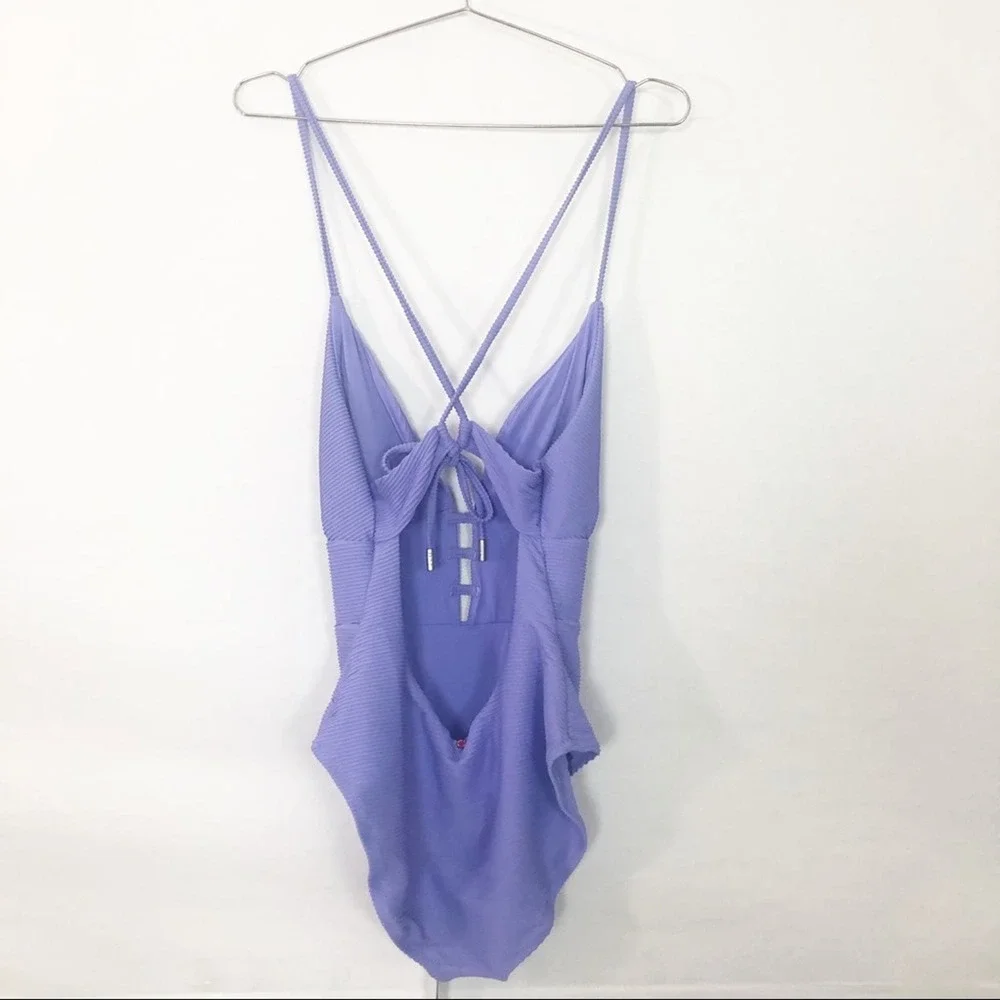 NWT Red Carter Ribbed Plunge One Piece Swimsuit‎ Size Large Lilac Riviera Sunset